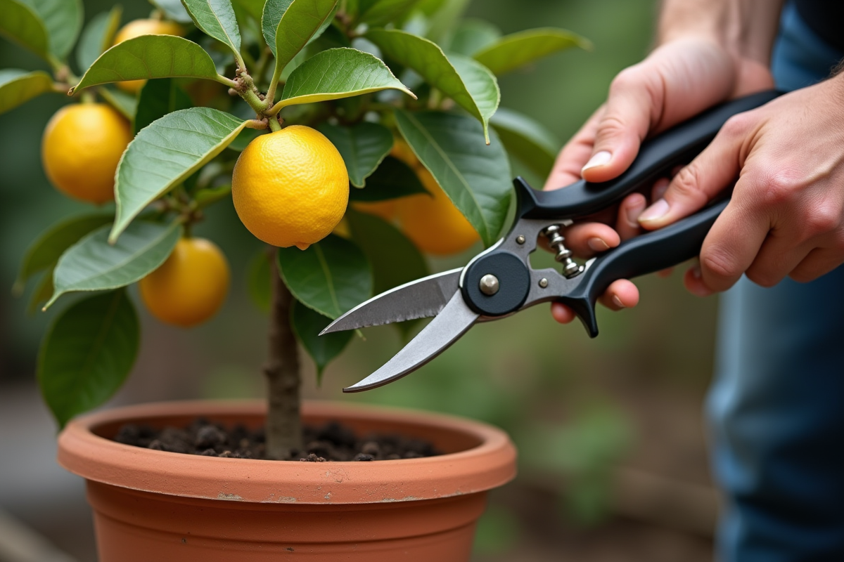Mains tenant des ciseaux de taille sur un citronnier en pot