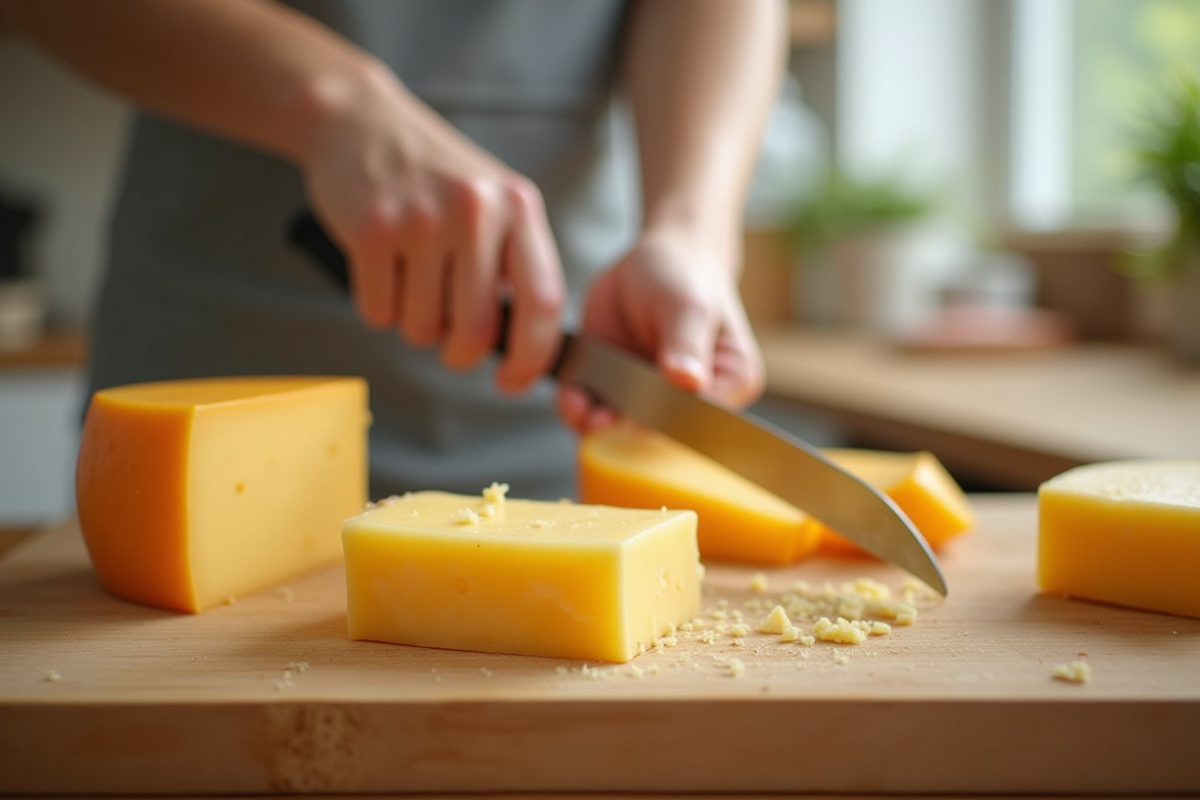 Main coupant un fromage sur une planche en bois dans la cuisine