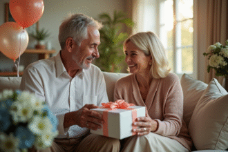 Couple mature échangeant des cadeaux dans un salon chaleureux