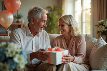 Couple mature échangeant des cadeaux dans un salon chaleureux