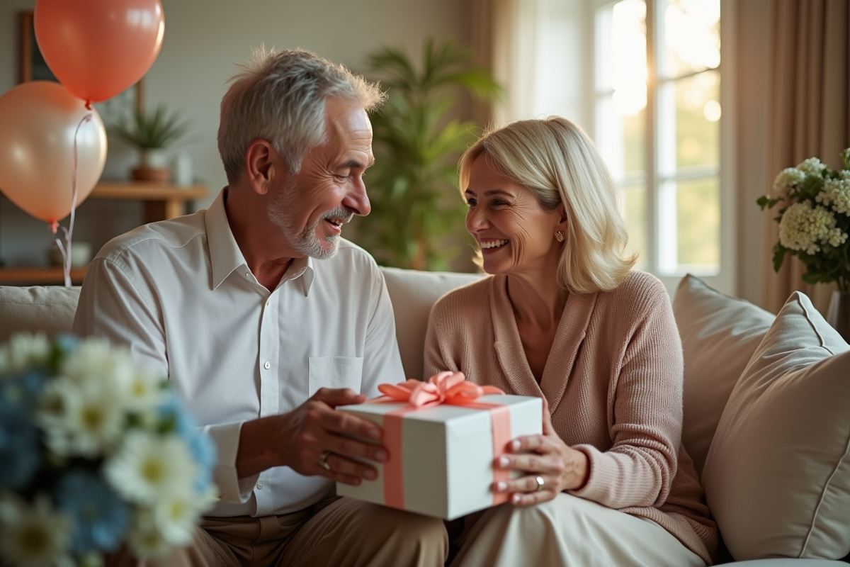 Couple mature échangeant des cadeaux dans un salon chaleureux