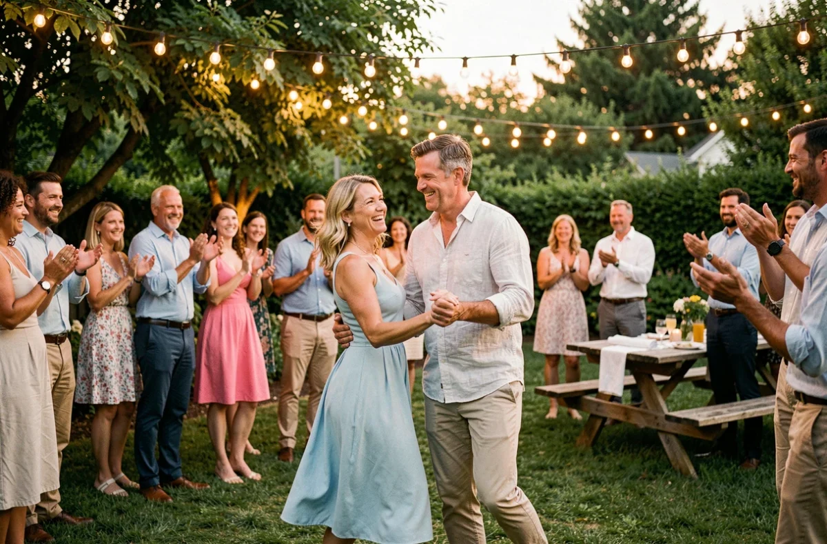 Couple dansant le madison en synchronisation lors d'une fête estivale en plein air dans un jardin décoré de guirlandes lumineuses