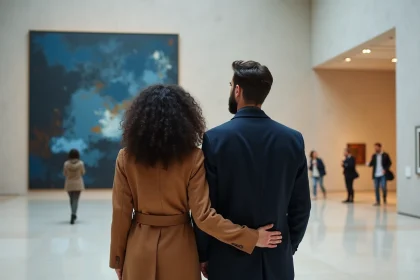 Couple admirant une exposition d'art contemporain dans un musée de Lyon lors d'un week-end en amoureux
