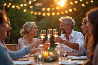 Couple joyeux en extérieur lors d'un dîner élégant