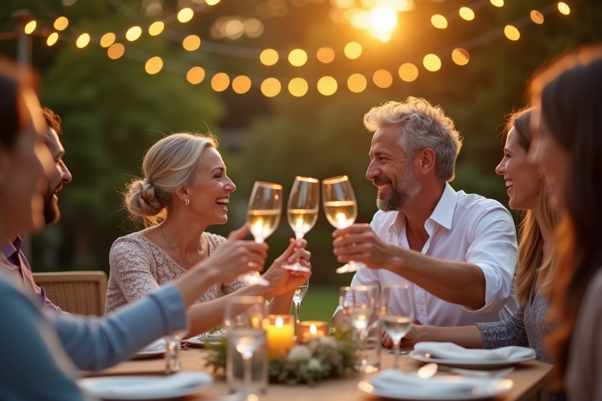 Couple joyeux en extérieur lors d'un dîner élégant