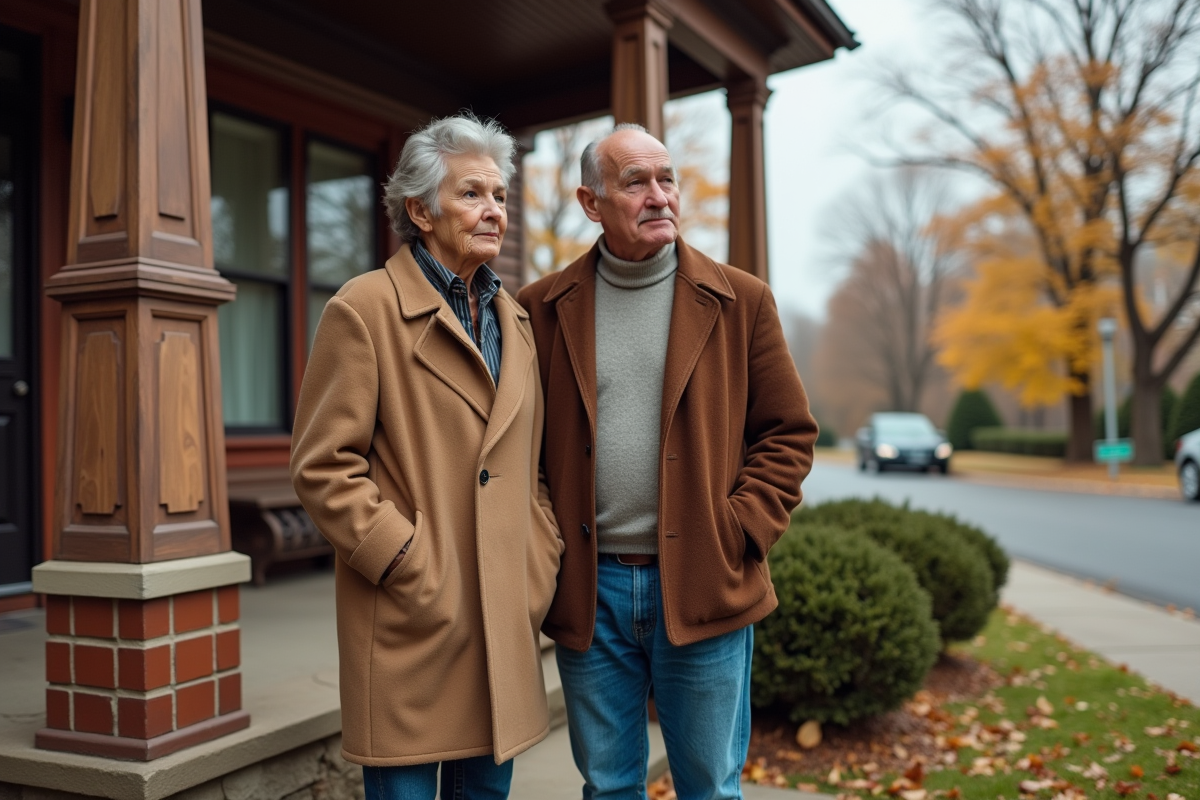 Couple canadien devant maison à vendre en automne