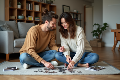 Couple assis sur le sol en train de faire un puzzle dans un salon cosy