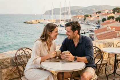 Couple amoureux attablé en terrasse avec vue panoramique sur le port de Toulon et la mer Méditerranée