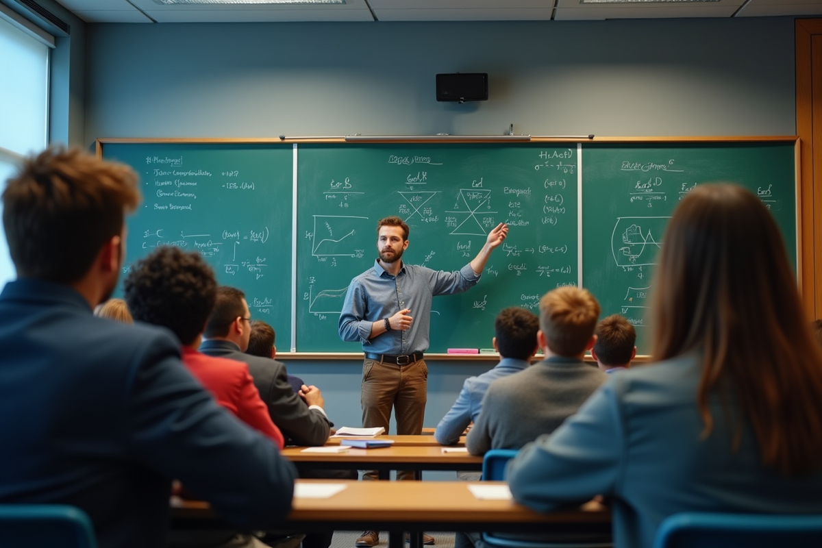 Professeur expliquant des formules dans un amphithéâtre universitaire
