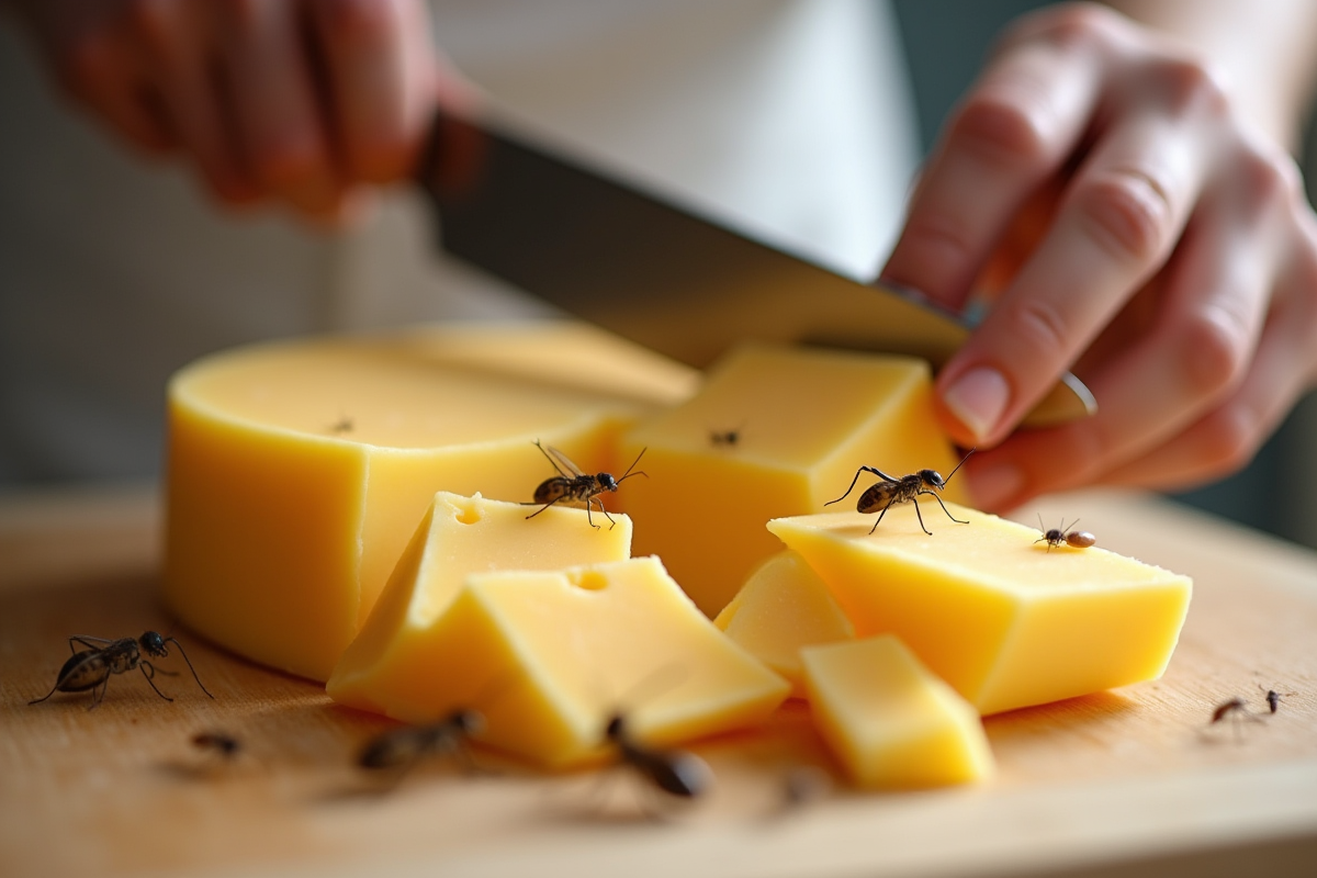 Main tranchant un fromage corsicain avec insectes en gros plan