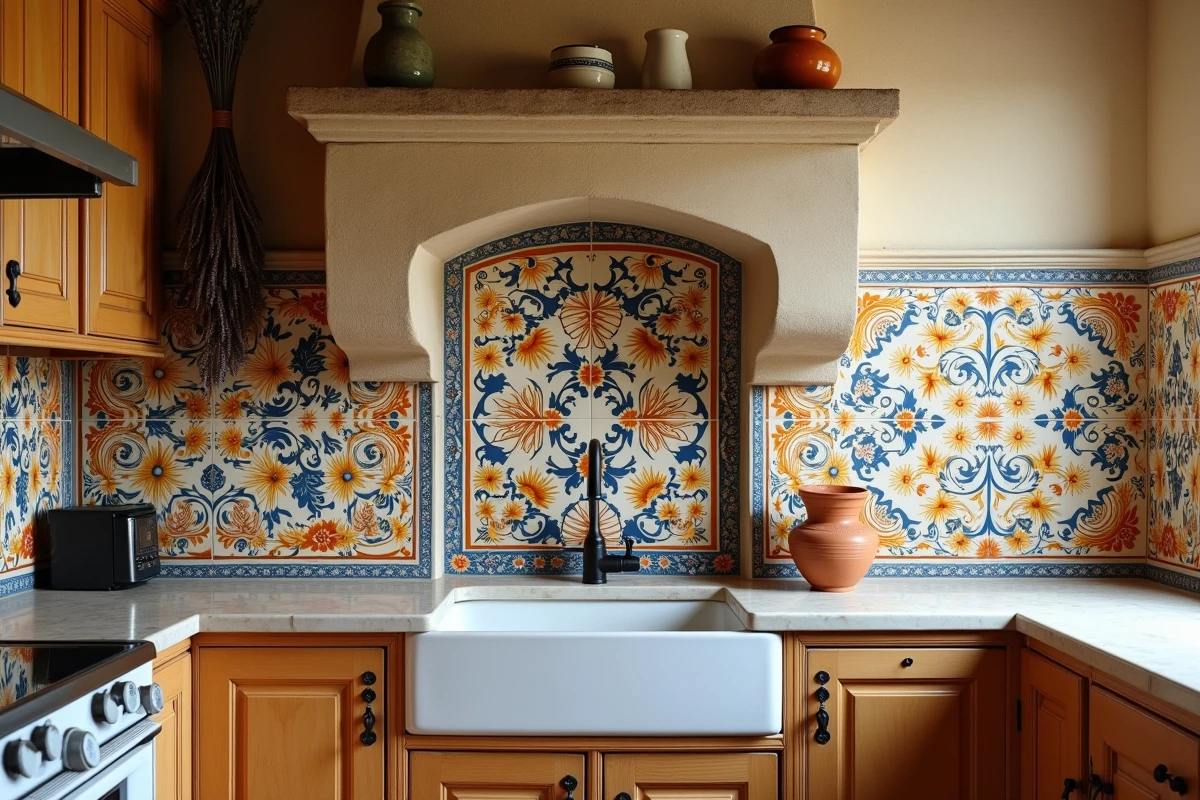 Cuisine provençale traditionnelle avec carrelage faïence peint à la main en bleu et ocre derrière un évier en pierre