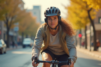 Cycliste portant un casque connecté dans une rue urbaine ensoleillee