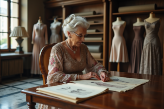 Dame élégante en robe vintage dans un atelier parisien