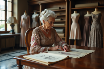 Dame élégante en robe vintage dans un atelier parisien