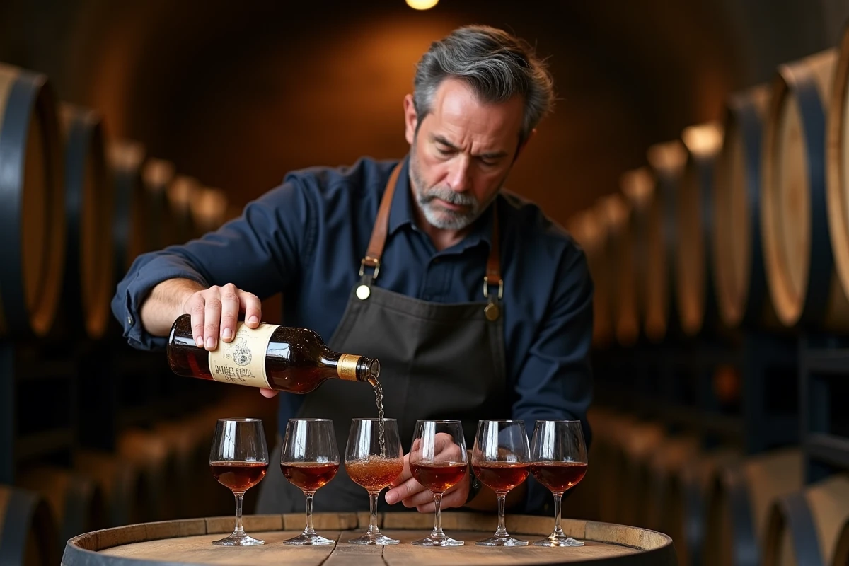 Dégustation d'Armagnac en cave avec sommelier versant le spiritueux dans des verres tulipe sur un tonneau en chêne