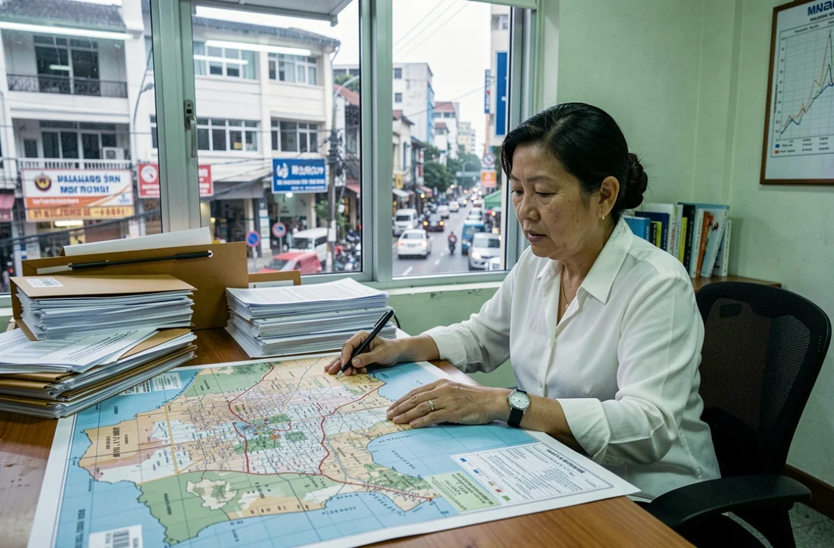 Démographe thaïlandaise analysant des cartes de recensement de Bangkok dans un bureau gouvernemental, illustrant l'étude de la population urbaine