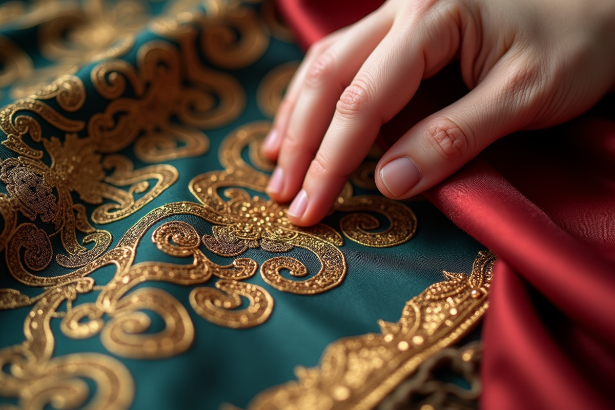 Gros plan sur doigts touchant une broderie en fil d