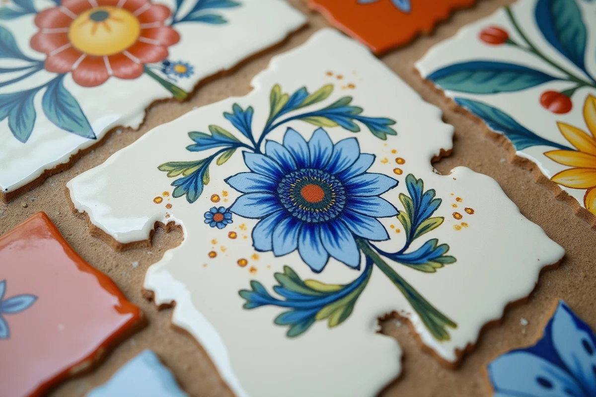 Détail de carreaux en faïence provençale peints à la main avec des motifs botaniques cigales et olives