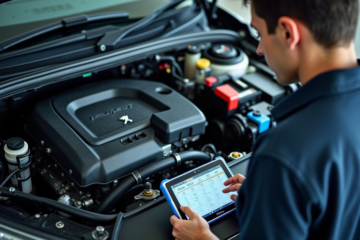 Mécanicien utilisant une tablette de diagnostic sur un moteur Peugeot dans un garage