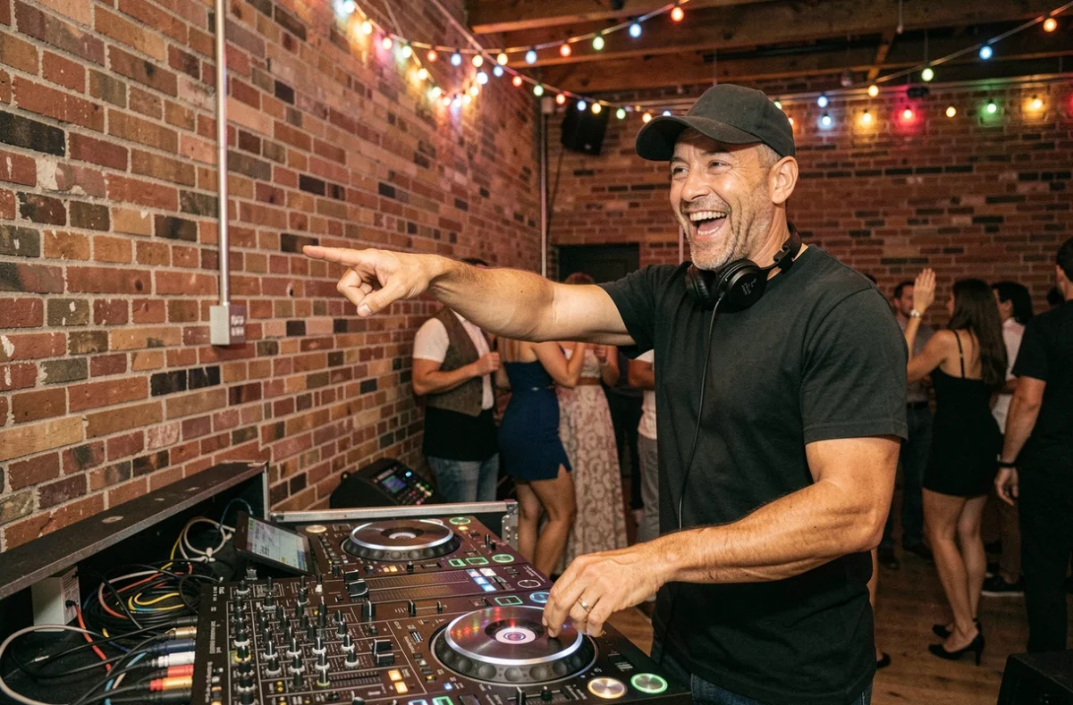 DJ enthousiaste derrière ses platines lors d'une soirée privée dans un loft, lançant le madison sur la piste de danse