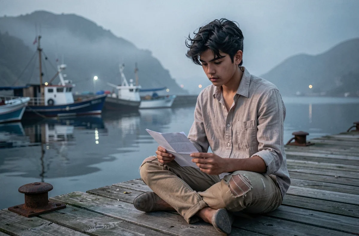 Adolescent contemplatif assis sur un quai brumeux tenant une carte, symbolisant la jeunesse et les origines de Dragon Monkey D avant son engagement révolutionnaire