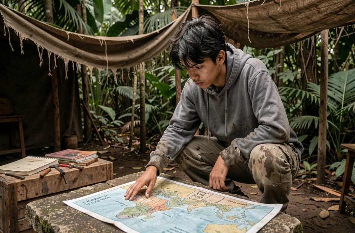 Jeune homme concentré se penchant sur une carte dans un campement de jungle rudimentaire, illustrant les débuts clandestins de Dragon Monkey D avant l'armée révolutionnaire