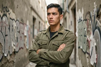 Jeune homme à l'allure révolutionnaire dans une ruelle urbaine délabrée, évoquant la jeunesse de Dragon Monkey D avant l'armée révolutionnaire