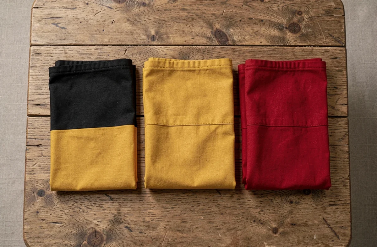 Trois drapeaux noir jaune rouge soigneusement pliés côte à côte sur une table en bois, montrant les différences de nuances entre chaque pays