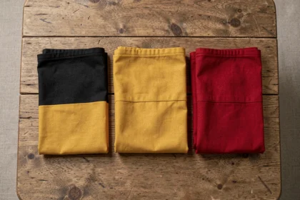 Trois drapeaux noir jaune rouge soigneusement pliés côte à côte sur une table en bois, montrant les différences de nuances entre chaque pays