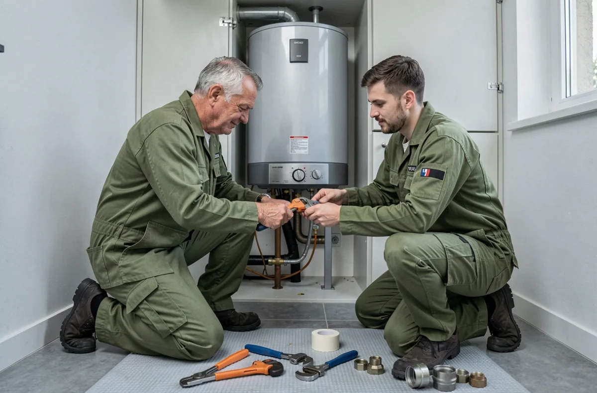 Deux plombiers d'Emile Thouvenin Et Fils Sarl installent un chauffe-eau dans un appartement de la Meuse