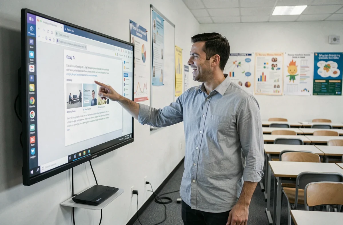 Enseignant présentant un blog de ressources clé en main sur un écran interactif dans une salle de classe moderne