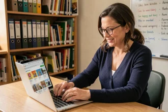 Enseignante consultant un blog de ressources pédagogiques sur un ordinateur portable dans une salle des professeurs