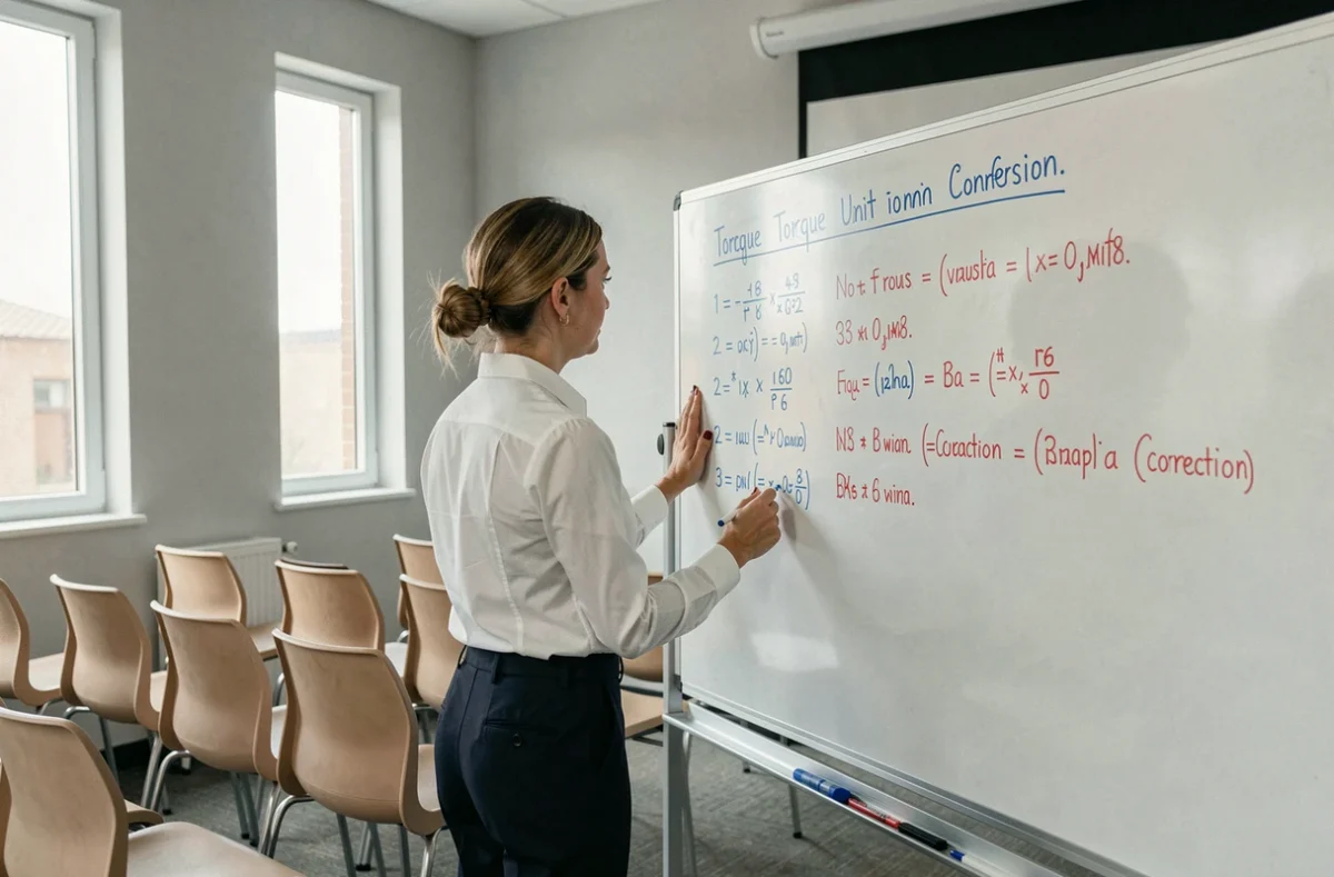 Enseignante en mécanique présentant des formules corrigées de conversion MDAN en Newton-mètre sur un tableau blanc dans une salle de cours
