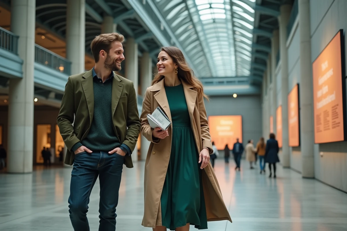 Couple entrant dans une salle d'exposition à Lyon pour un week-end culturel en amoureux