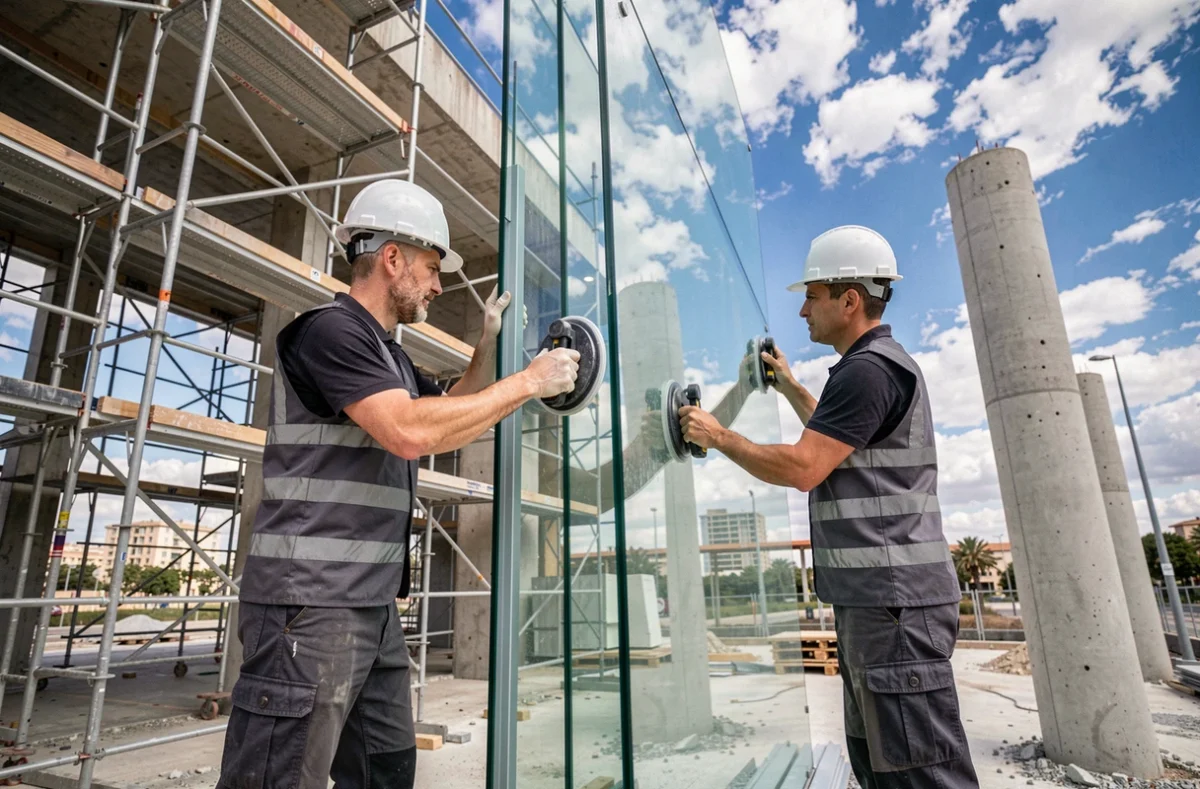 Deux ouvriers de l'Entreprise Proto manipulant un grand panneau de verre structurel sur un chantier commercial à Marseille