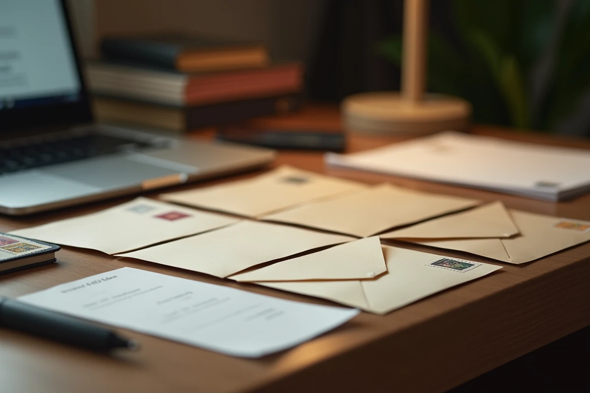 Vue de dessus d'un bureau organisé avec plusieurs enveloppes timbrées dans le coin supérieur droit, feuille de timbres et stylo