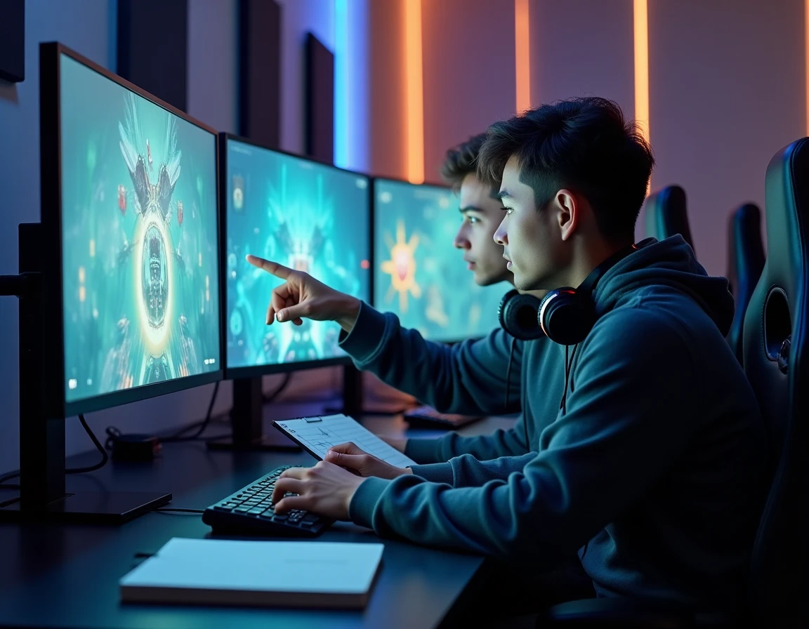 Deux joueurs TFT en salle d'entraînement analysant le tempo et la gestion d'éco sur un écran ultrawide