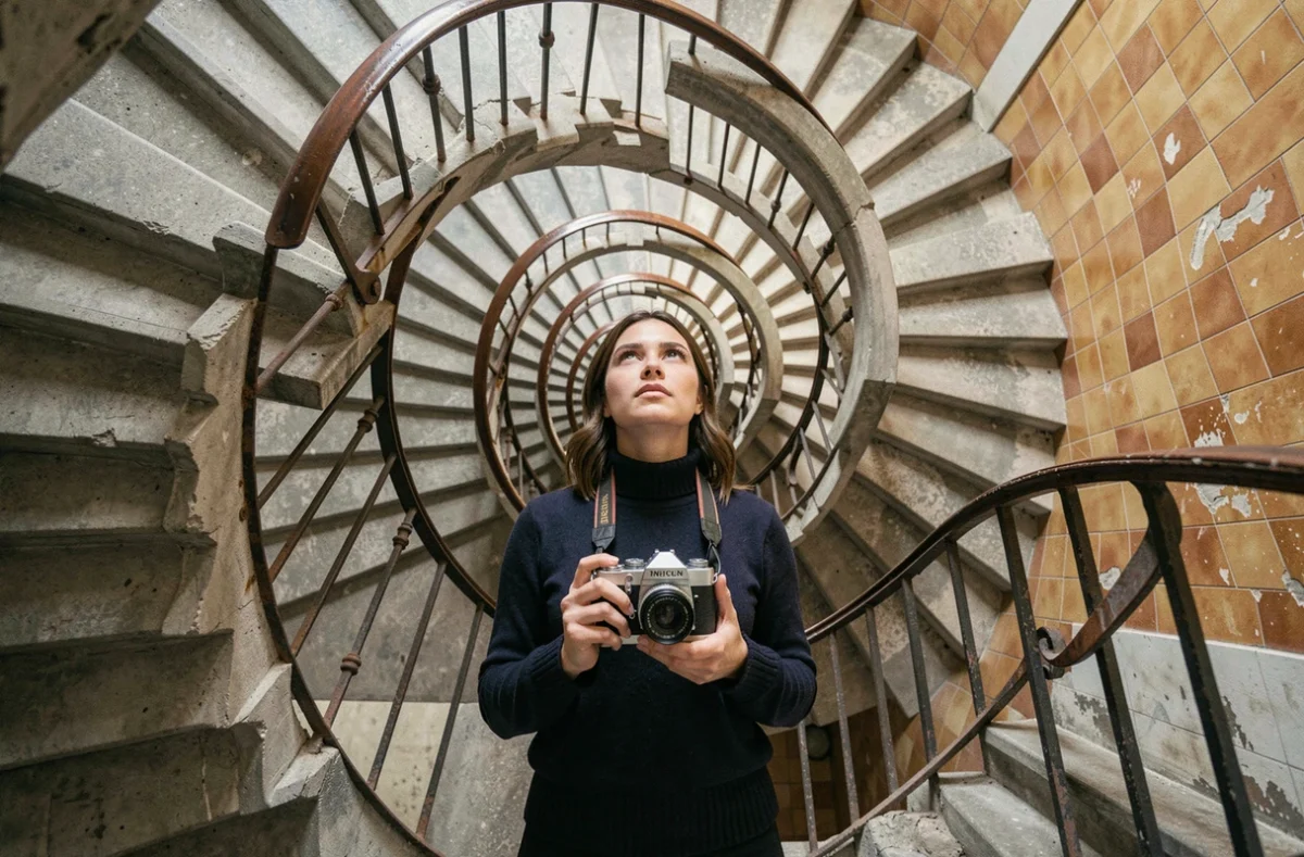 Jeune femme photographiant un escalier à la perspective impossible inspirée des œuvres d'Escher dans un bâtiment européen