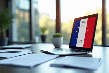 Espace de travail professionnel avec drapeau français et checklist GDPR