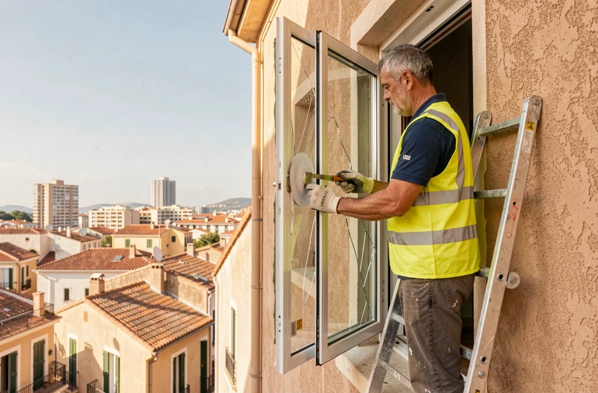 Vitrier de E S R remplaçant une vitre cassée sur la façade d'un immeuble résidentiel avec les toits de Marseille en arrière-plan
