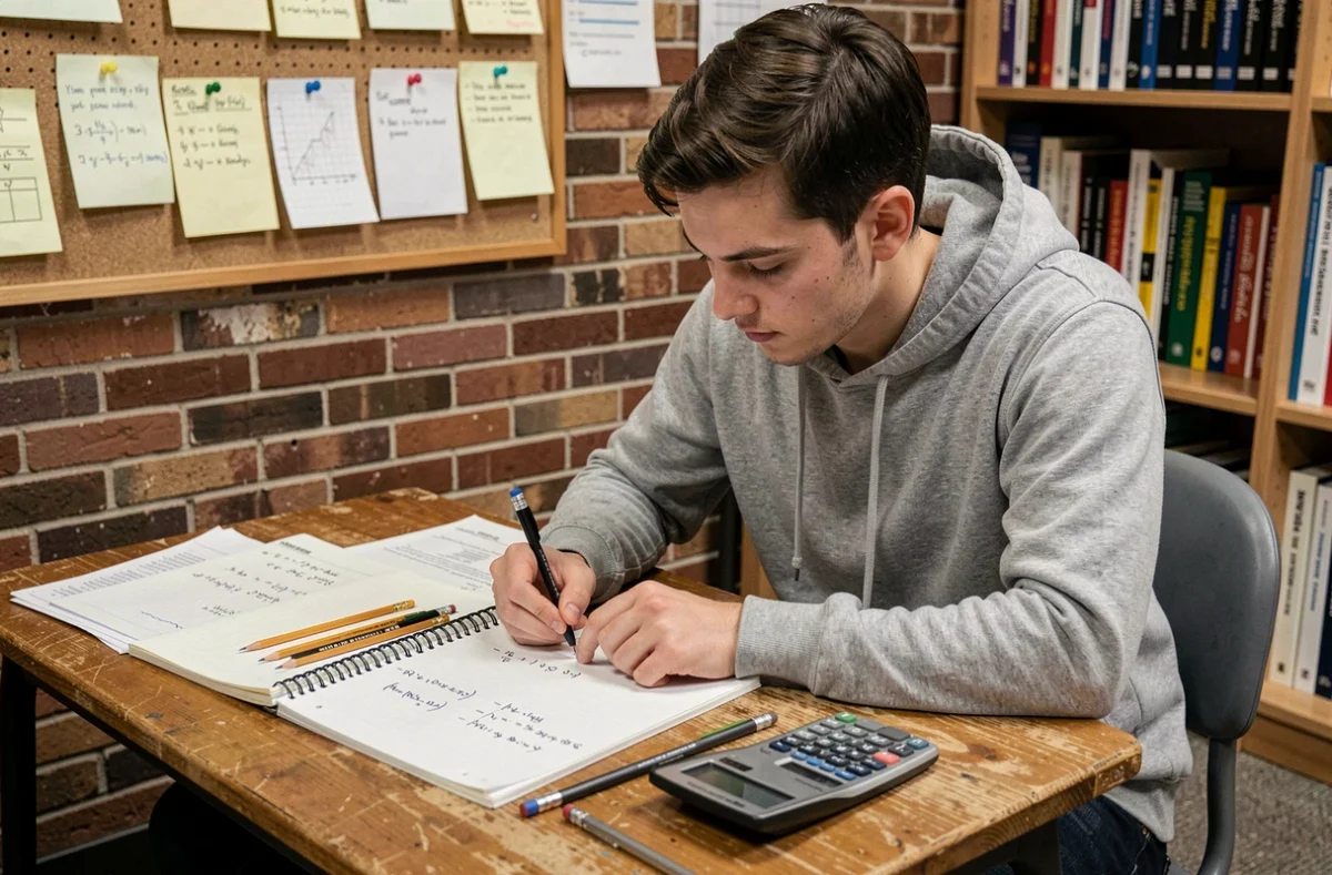 Étudiant en ingénierie résolvant des exercices de conversion d'unités mécaniques MDAN en Nm sur un bureau en bois encombré de matériel scolaire