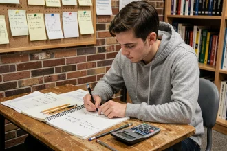 Étudiant en ingénierie résolvant des exercices de conversion d'unités mécaniques MDAN en Nm sur un bureau en bois encombré de matériel scolaire