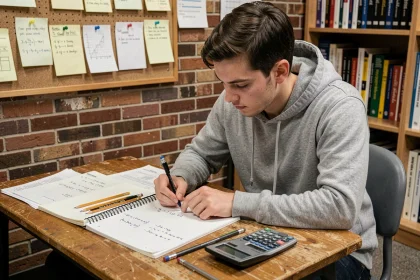 Étudiant en ingénierie résolvant des exercices de conversion d'unités mécaniques MDAN en Nm sur un bureau en bois encombré de matériel scolaire