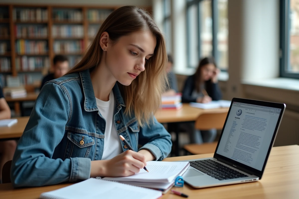Étudiante prenant des notes en consultant une encyclopédie collaborative en ligne sur son ordinateur portable dans une salle d'étude universitaire