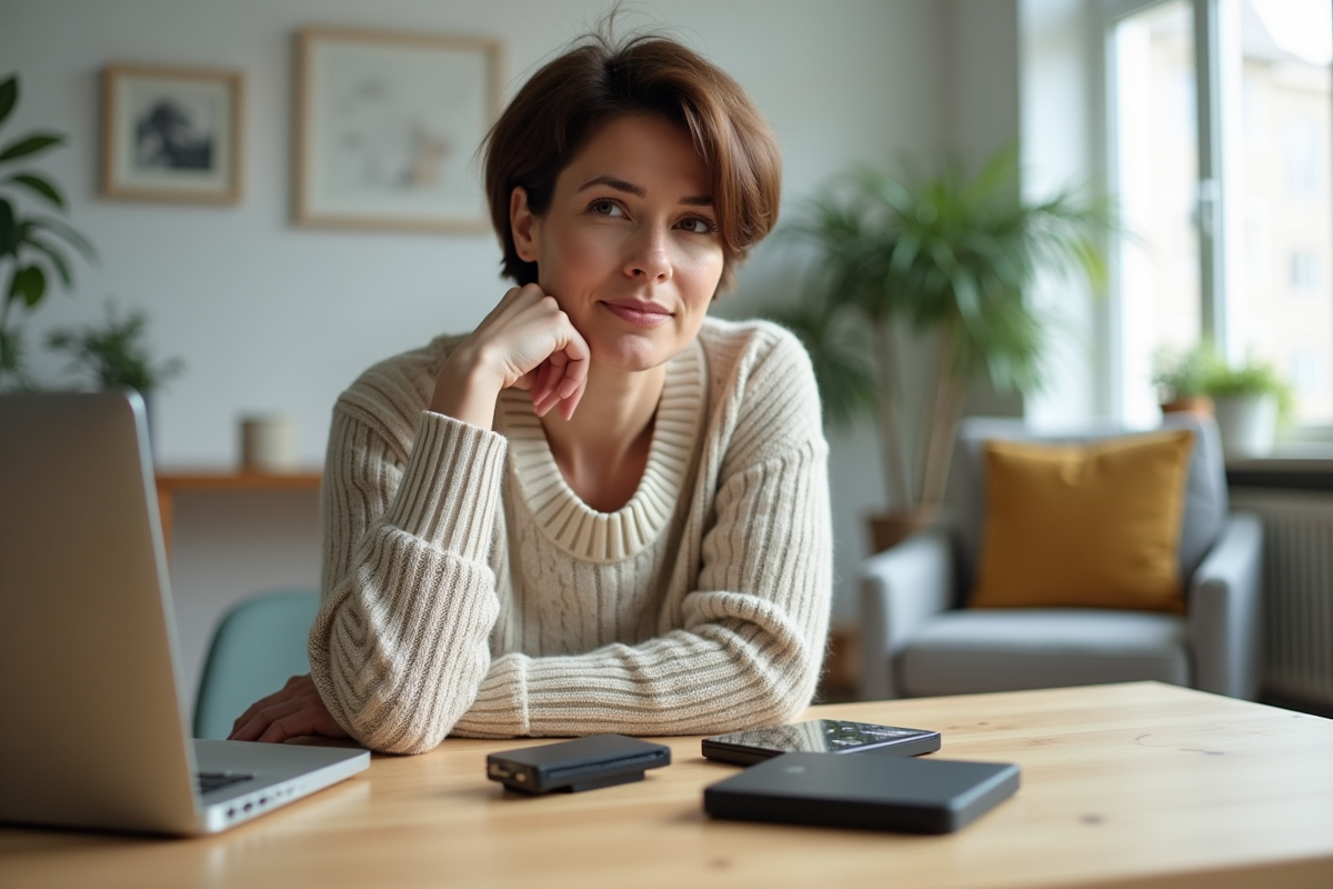 Femme examine des disques durs externes et SSD sur une table
