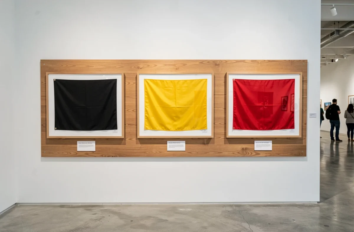 Panneau muséal exposant trois drapeaux encadrés aux couleurs noir jaune rouge dans une galerie culturelle, avec étiquettes d'identification des pays