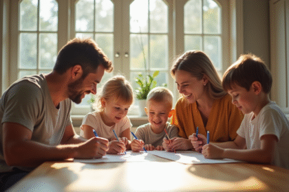 Famille moderne autour d'une table à la maison