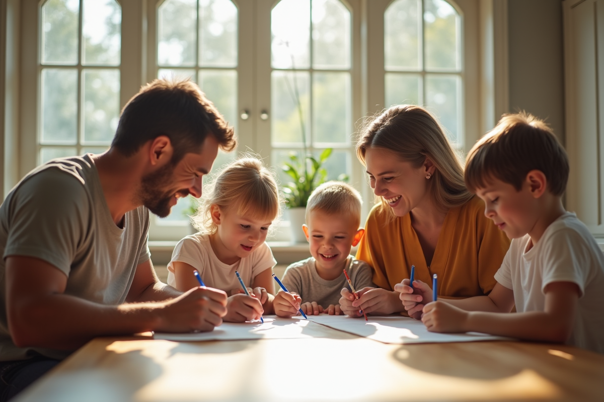 Famille moderne autour d'une table à la maison