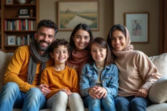 Famille multiculturelle de cinq assise sur un canapé chaleureux