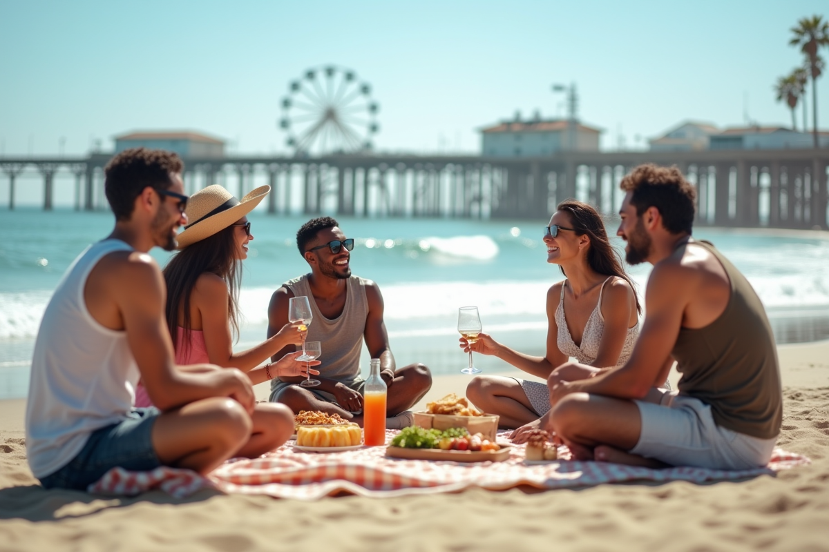 Famille californienne profitant d un pique nique à la plage ensoleillée